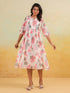 Janasya Women's Cream Georgette Floral Printed Flared Dress